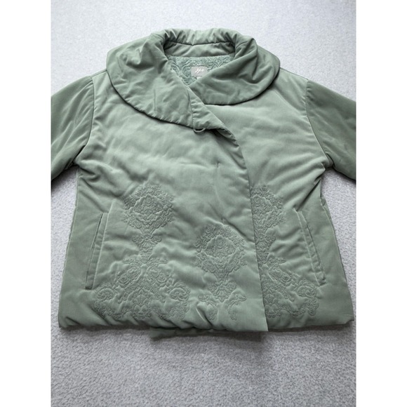 J Jill Womens Large Green Embroidered Puffer Jacket Snap Front Collar - Picture 5 of 16